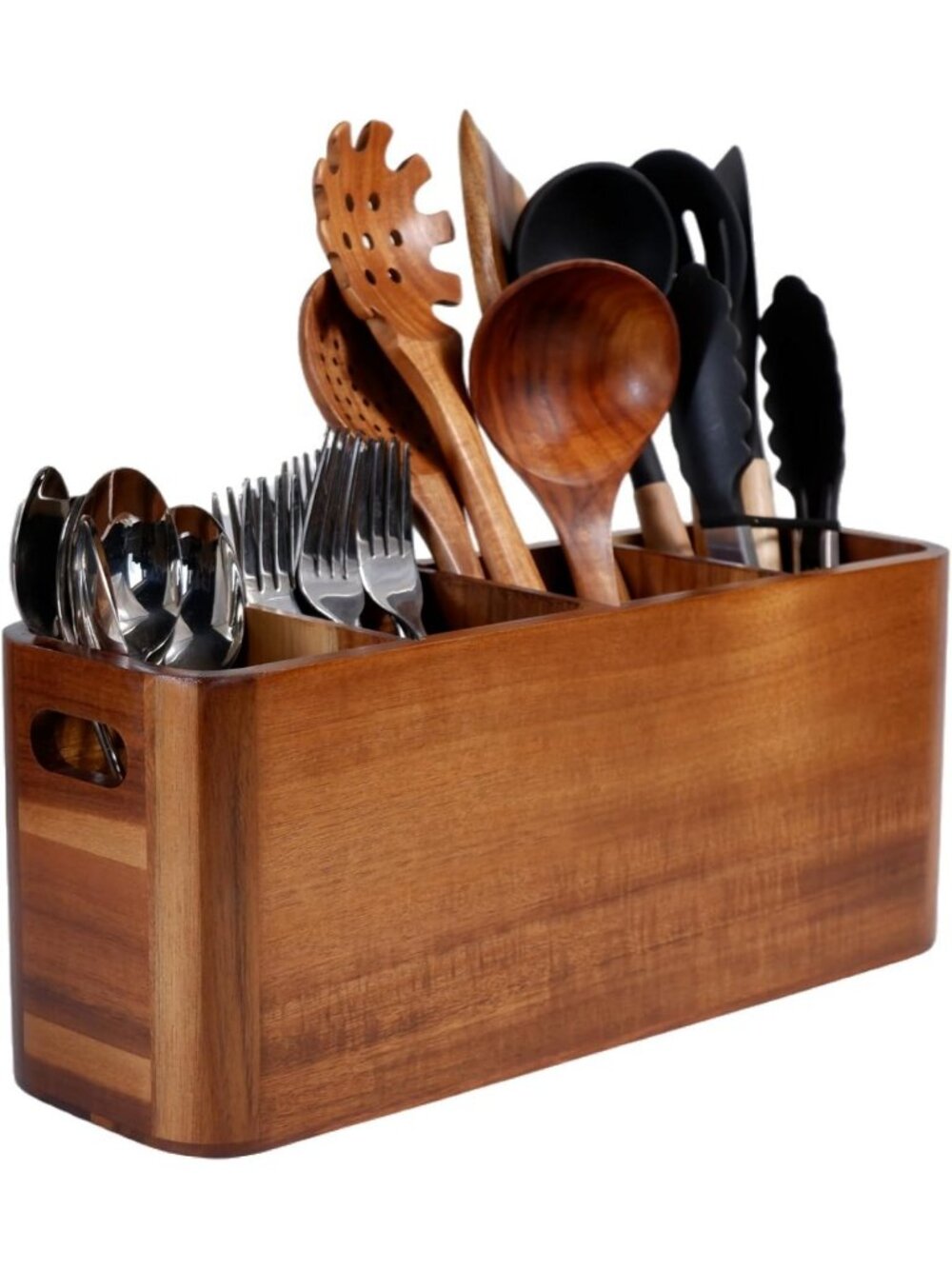 Large Rustic Wooden Utensil Holder Organizer for Kitchen Countertop - 4